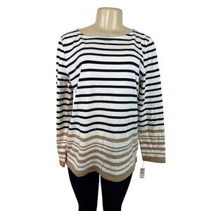 Talbots Petite Long Sleeve Striped Cotton Boatneck Top Navy & Tan LP - New